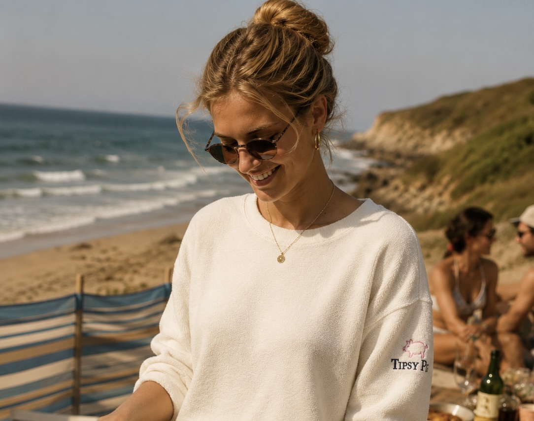 Oyster White towelling sweat on the beach at sunrise