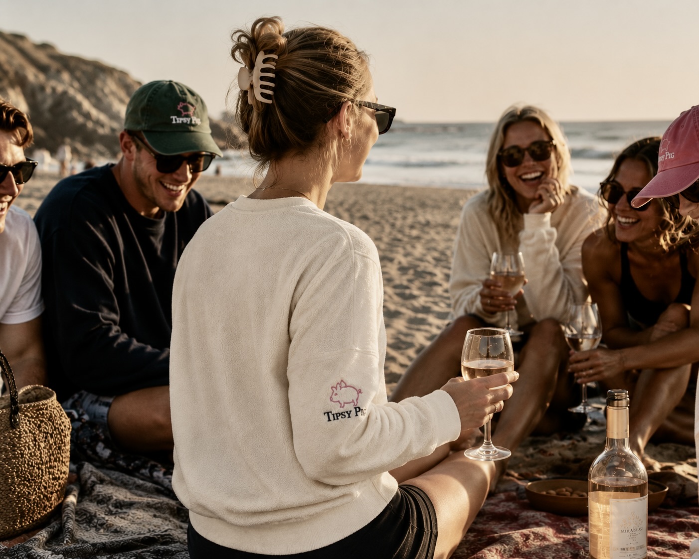 Founding Pigs in Oyster White towelling sweats on the beach