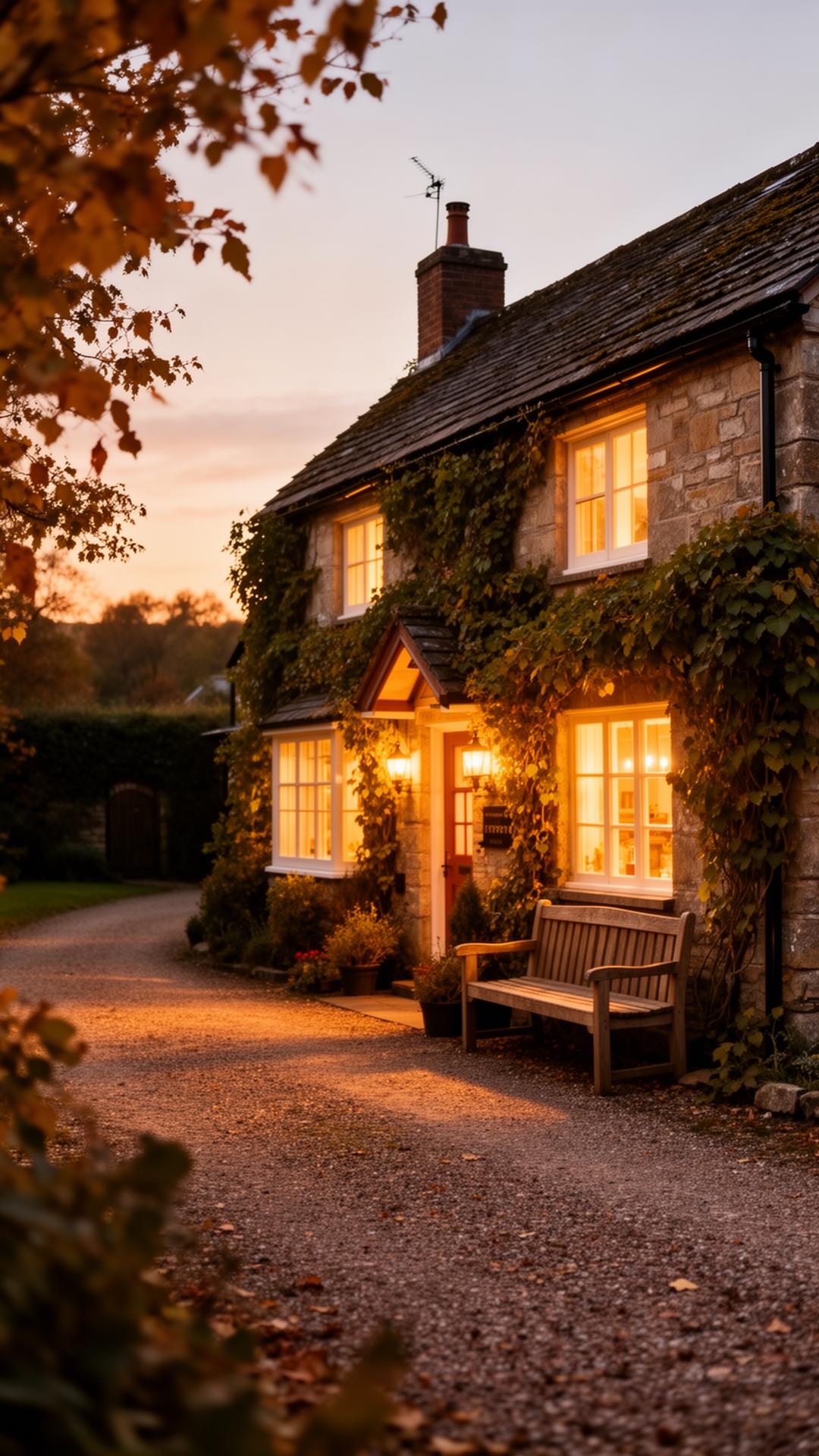 Country cottage at dusk with warm windows